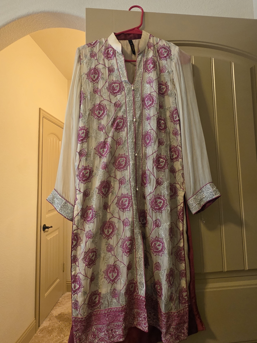 Embroidered Cream & Pink Men's Kurta Shirt